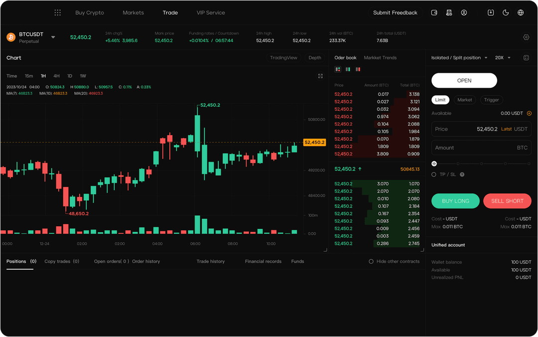 Perpetual and margin trading interface